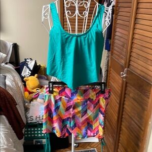 Colorful Geometric Shorts and Teal Top Set bathing suit